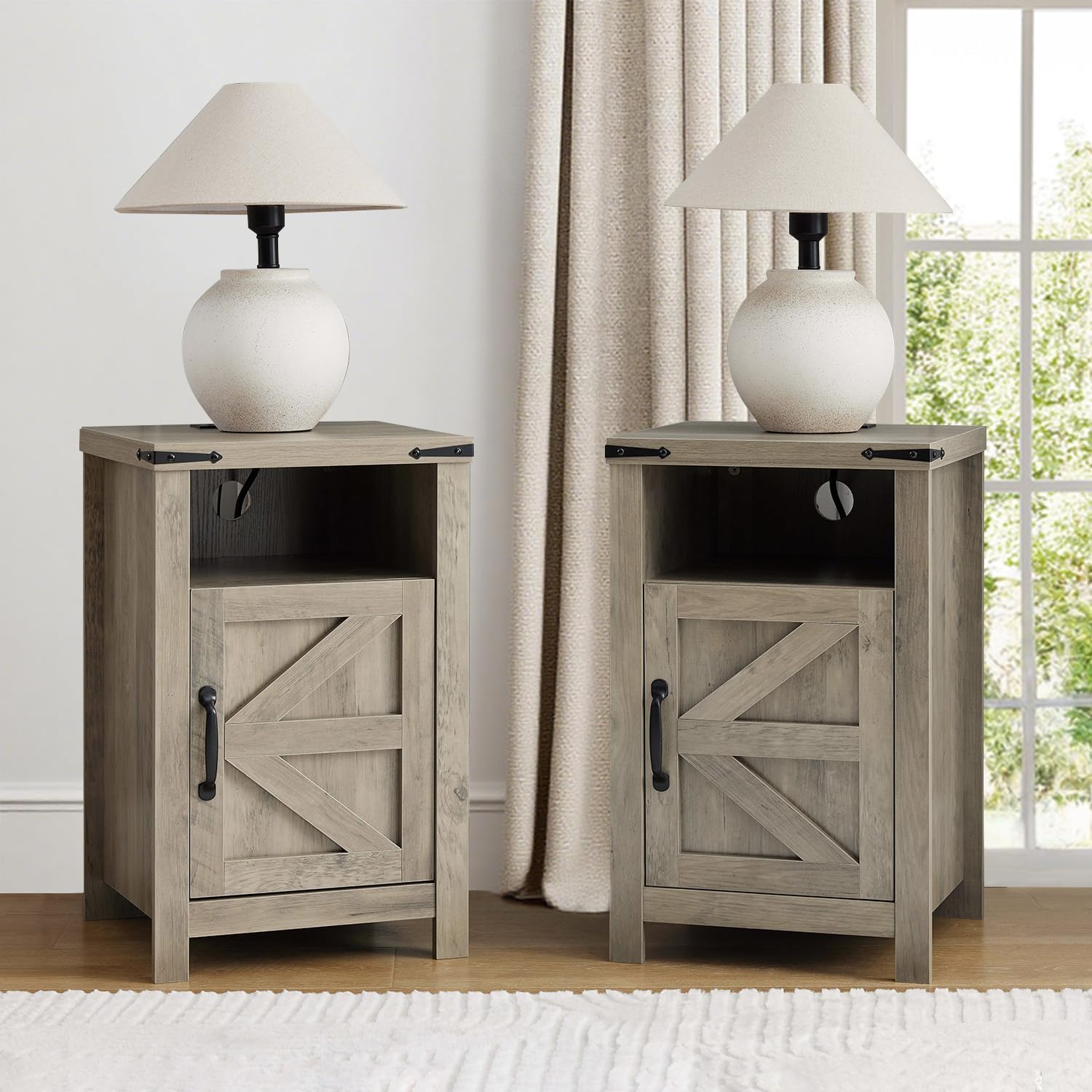 Farmhouse Nightstand Set of 2 with Charging Station, Modern Bedside Table with Barn Door and Shelf, Sofa Side Table End Table for Bedroom, Living Room, Grey