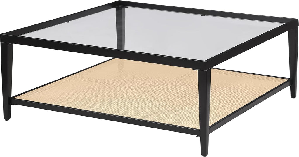 Coaster Home Furnishings - Amherst - Square Coffee Table with Glass Top, Black Metal Frame with Rattan Lower Shelf - Living Room - 40-Inch - Black - 710658