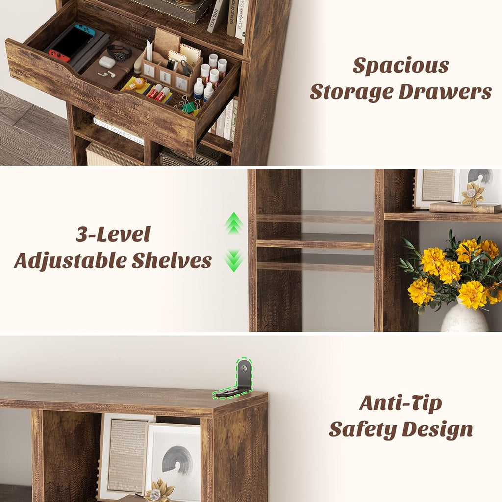 Armocity 8-Tier Tall Bookshelf with Drawer, 73.6' Narrow Freestanding Bookcase, Space-Saving Wood Display Shelves Storage for Living Room, Home Office Bedroom, Rustic Brown