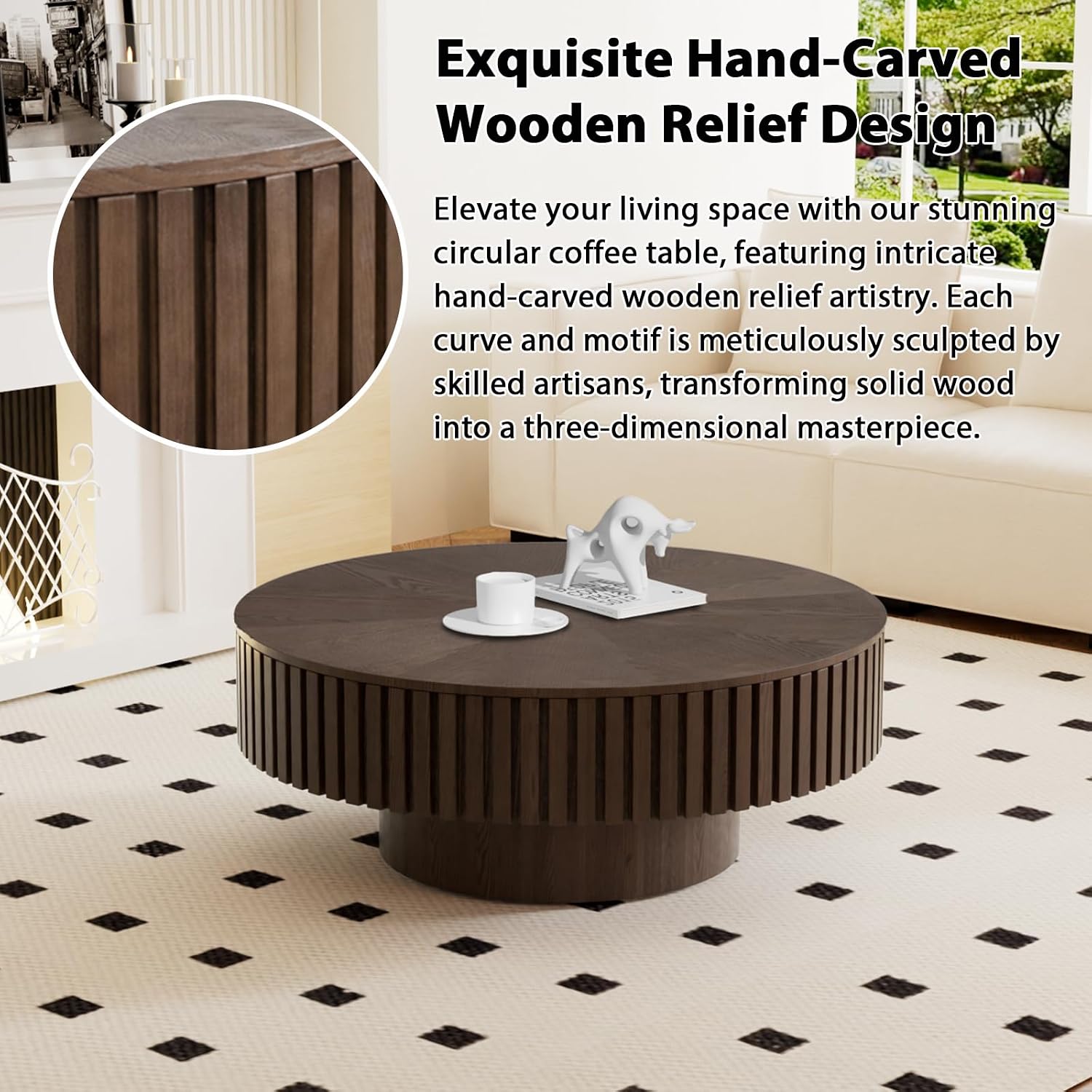 31.5'' Round Drum Coffee Table Circle Fluted Coffee Tables with Storage Modern Handcrafted Fluted Centry Table for Living Room Apartment Small Space