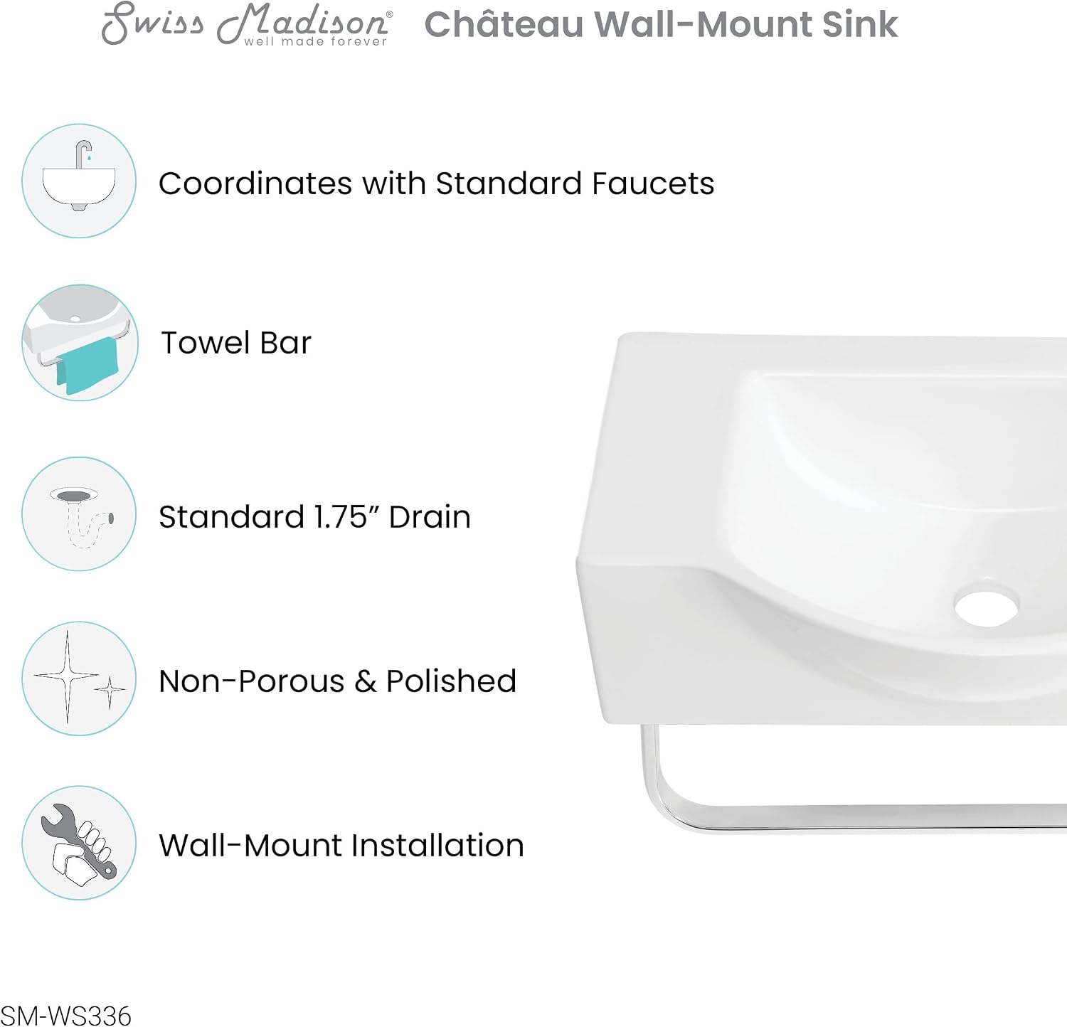 Château 21.5' Right Side Faucet Wall-Mount Bathroom Sink with Chrome Towel Bar