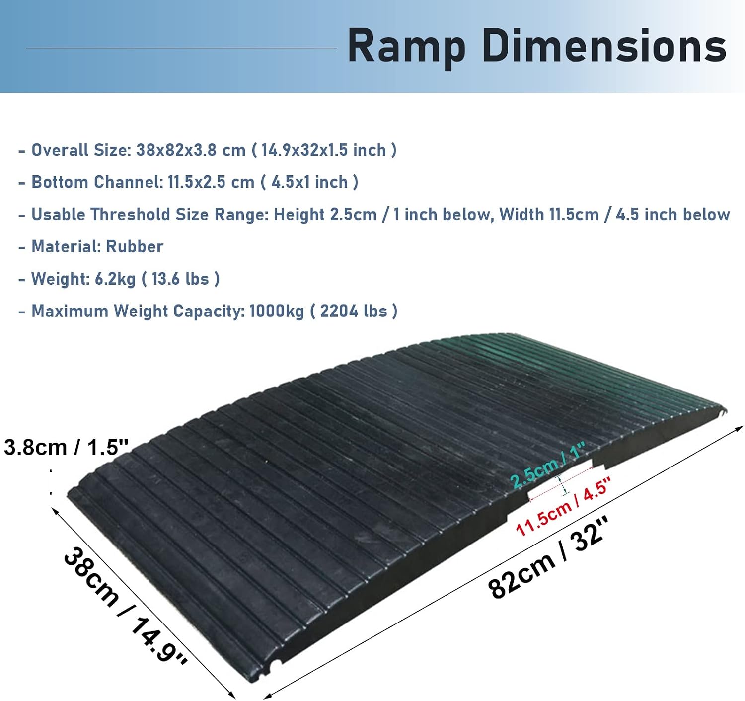 JYDQM Portable Driveway Ramp Non-Skid Rubber Threshold Wheelchairs Ramp, 1in / 2.1in High Channel, Entry Access Slope for Scooter Disability Chair(Size:38x82x3.8cm), YWCG2003647