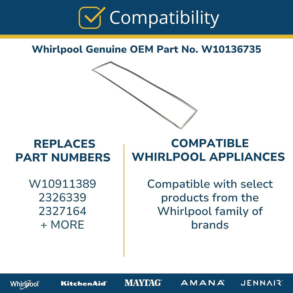 Whirlpool W10136735 Genuine OEM SxS Refrigerator Door Gasket Replacement Part - Replaces W10911389, 2326339, and 2327164