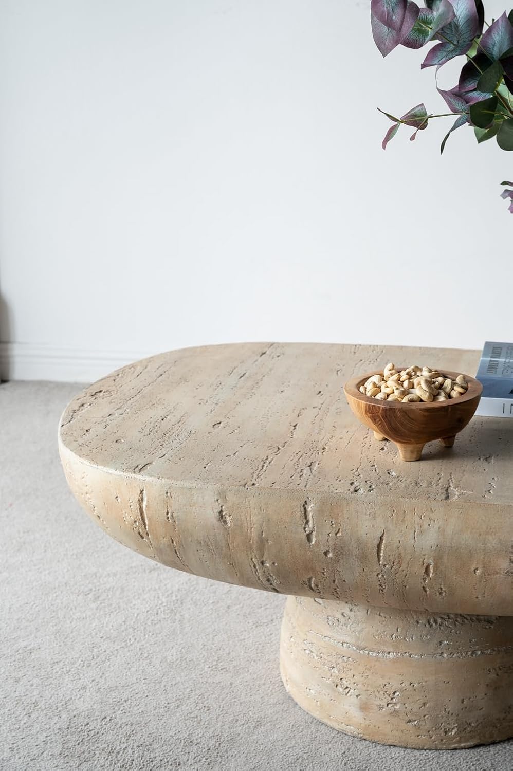 Oval Coffee Table, 36'*24'*15'Cream Cement Modern Center Table Side Accent End for Living Room