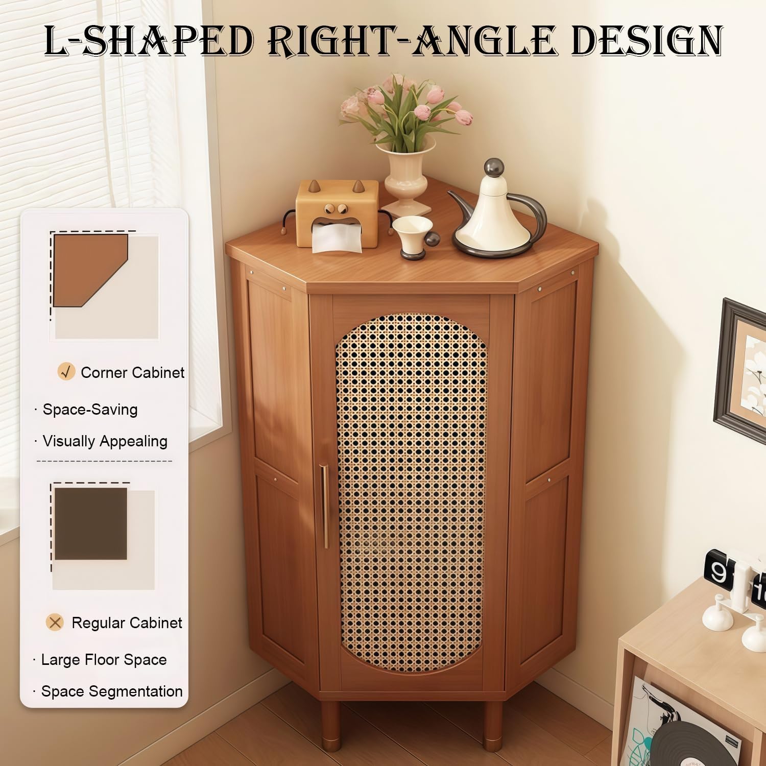 Corner Shelf, Bamboo Storage Cabinet with Woven Doors, Multi-Tier Floor Standing Organizer for Living Room, Bedroom, Study Corner (Black,15.7' L*15.7' W*39.3' H)