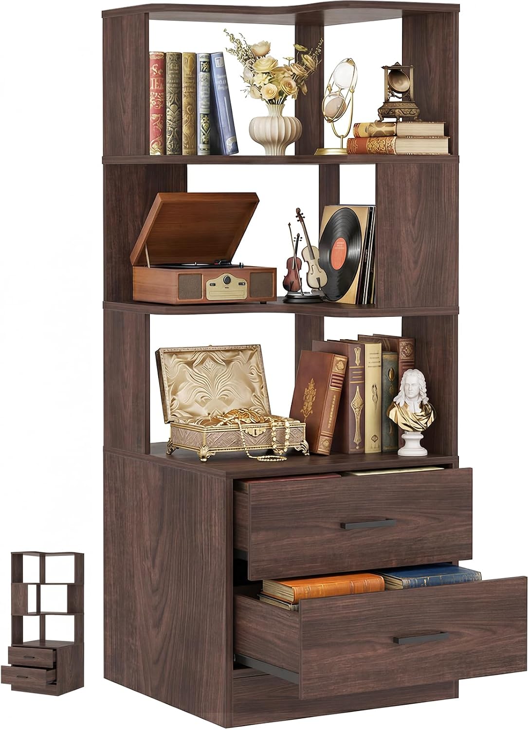Armocity Corner Bookshelf with Drawers, 6 Tier Corner Book Shelf Display Bookcase, Freestanding L Shaped Bookshelf for Bedroom, Living Room, Home Office, Black Walnut