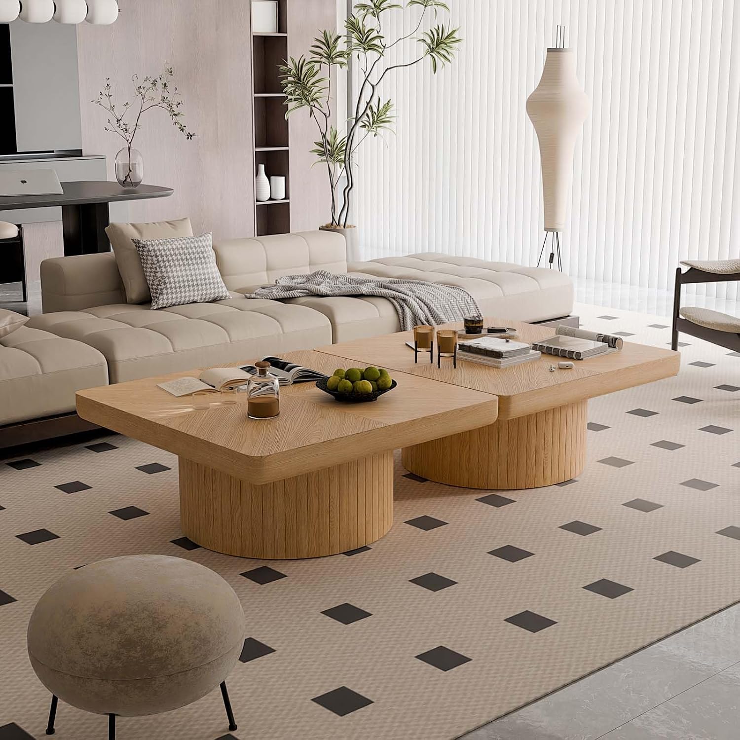 Modern Square Coffee Table with Cylindrical Base, Wood Coffee Table with Parquet Pattern & Thickened Tabletop, Center Table Tea Table for Living Room Apartment, 34.6''L×34.6''W×14.9''H, Natural