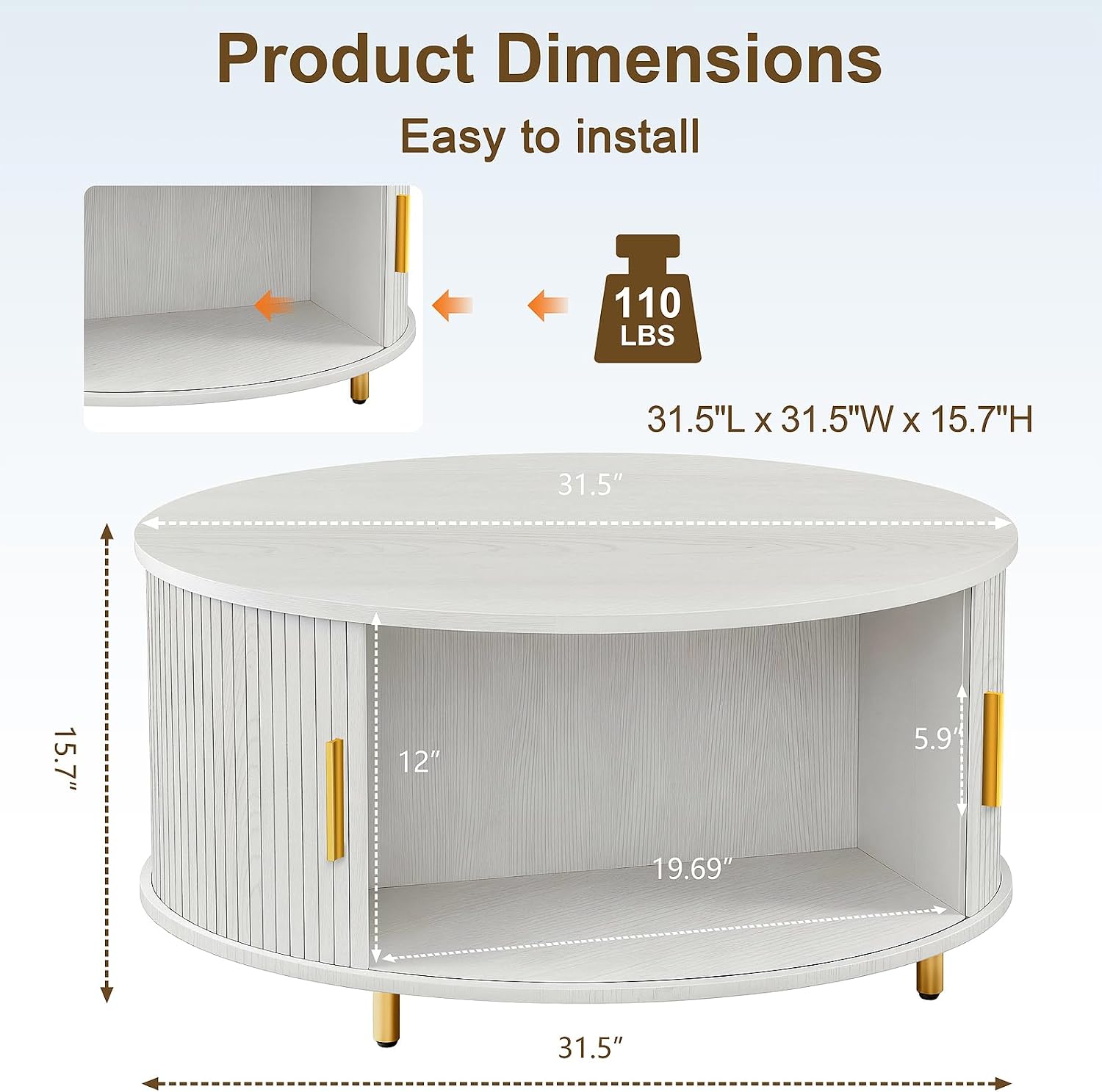 DHH Round Coffee Table, 31.5' Mid Century Modern Coffee Table with 360° Sliding Tambour Door, Fluted Accent Coffee Table with Storage Adjustable Footpads for Living Room(Grayish White)
