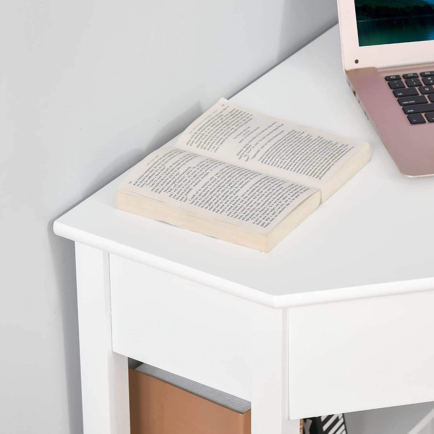 HOMCOM Corner Desk, Triangle Computer Desk with Drawer and Storage Shelves for Small Spaces, Home Office Workstation for Living Room, or Bedroom, White