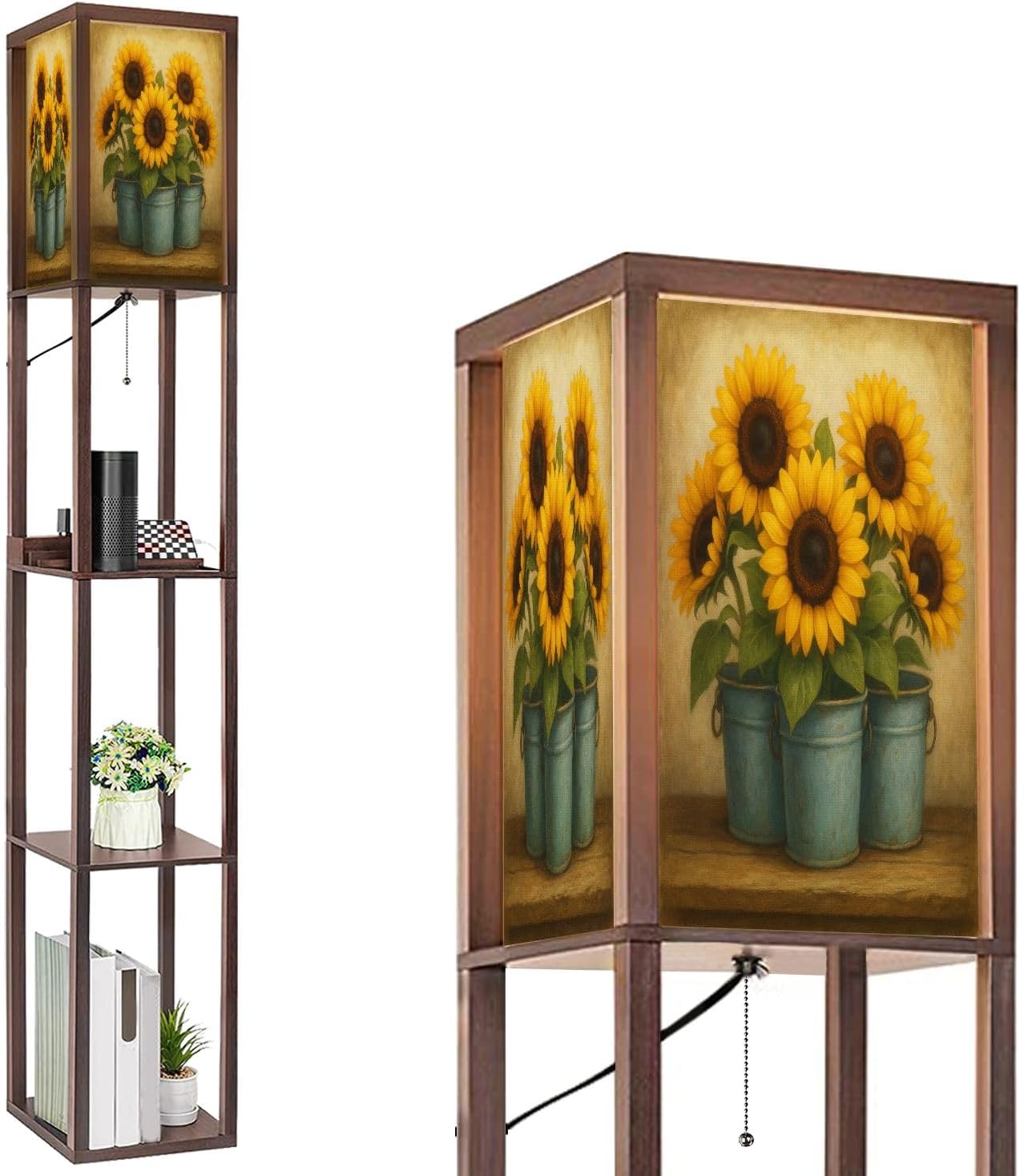 Floor Lamp with Shelves Vintage Sunflower Wildflower Pictures Rustic Flowers Farmhouse Country Standing Tall Lamp USB Ports & Power Outlet Modern Corner Lamp Nightstand Light for Living Room Bedroom