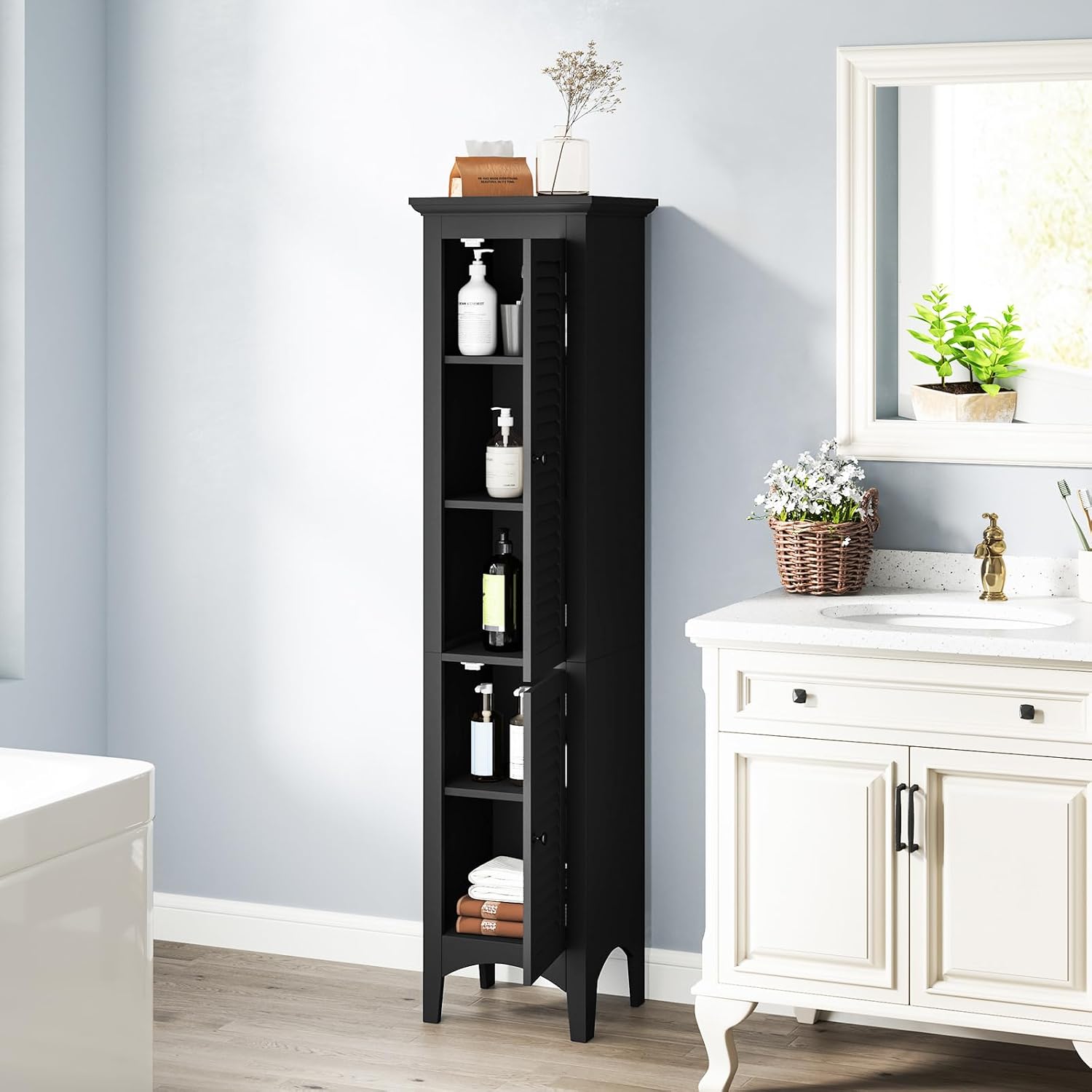Giantex 63' Tall Bathroom Cabinet, Narrow Floor Cabinet w/ 2 Louvered Doors & Adjustable Shelf, Elevated Legs & Anti-toppling Design, Freestanding Storage Organizer for Bathroom, Living Room, Kitchen