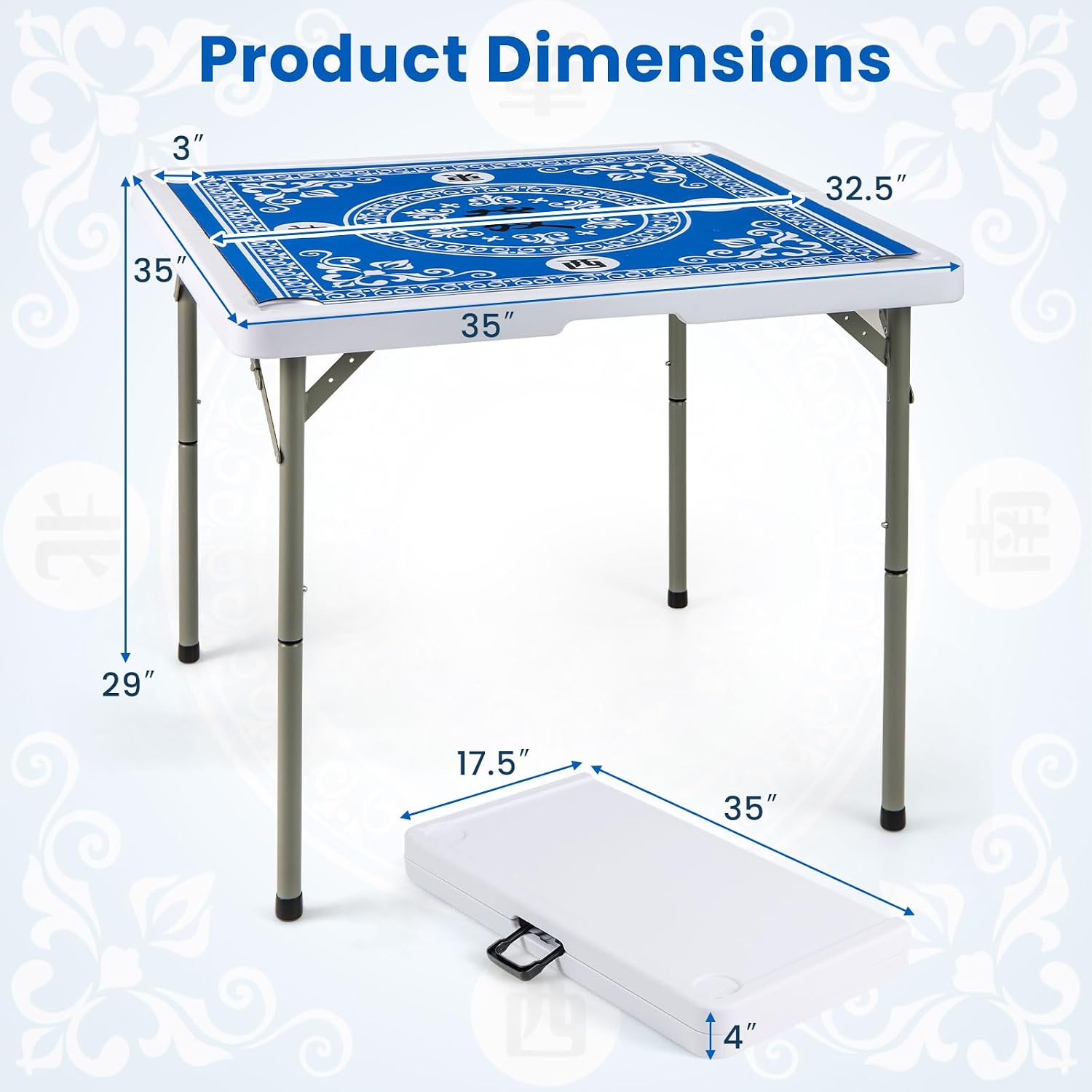 Goplus Mahjong Table, 35' Square Folding Card Table w/4Cup Holders, Anti Slip Mat, HDPE Tabletop, Metal Legs, Portable Mahjong Game Table for Domino Game, Picnic (Ocean Blue, Table w/Removable Mat)