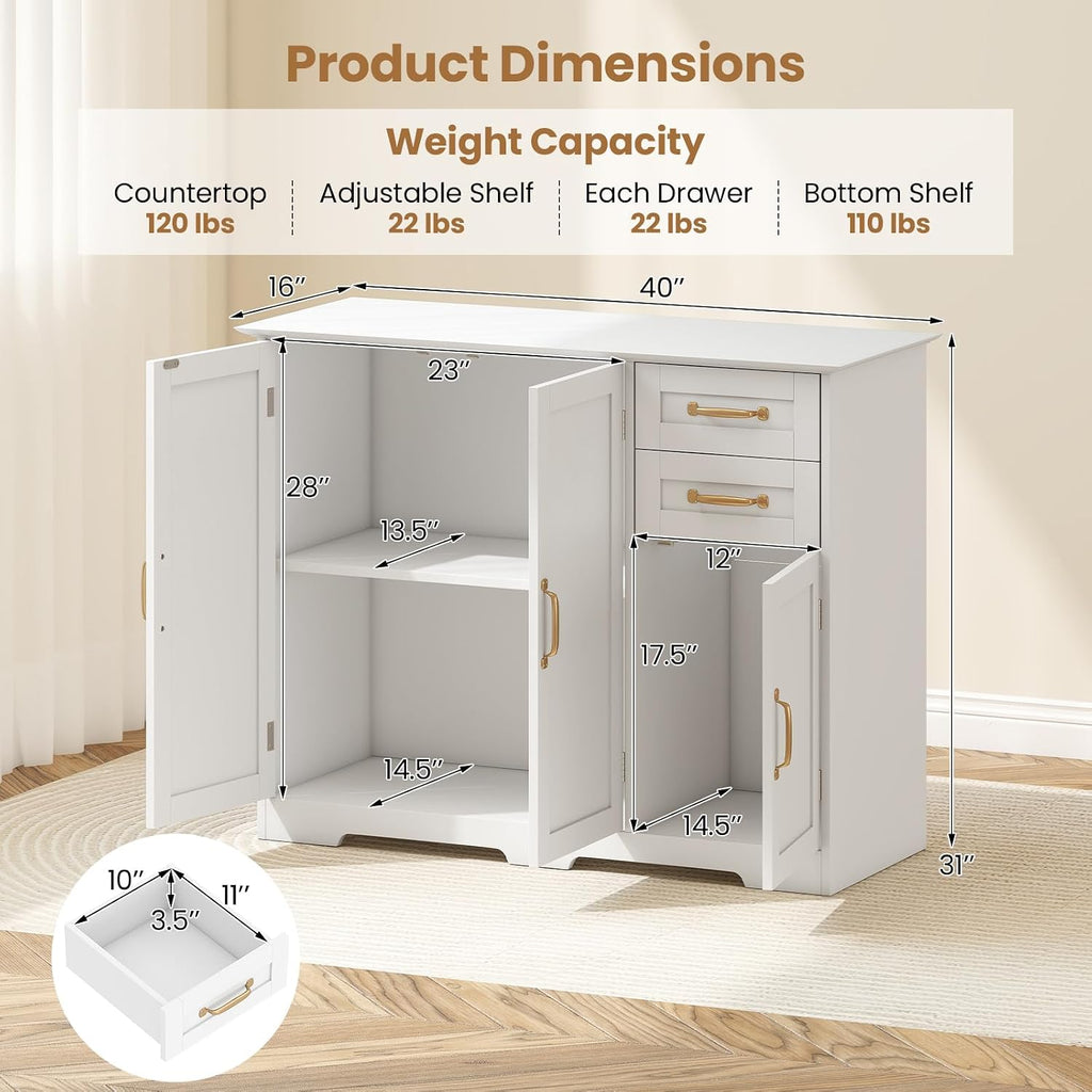 Giantex Sideboard Buffet Cabinet, Modern White Sideboard Cabinet with 2 Drawers, 3 Doors & Adjustable Shelf, Wooden Coffee Station, 40'' Storage Buffet Table for Kitchen, Living Room, Entryway