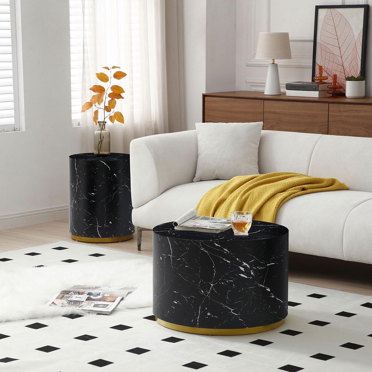 WILLIAMSPACE Wood End Table with Gold Rim Bottom & Marble Texture, Round Side Table for Small Spaces, Nightstand Sofa Table for Living Room Bedroom, ø15.75' * 19.69'H (Black)