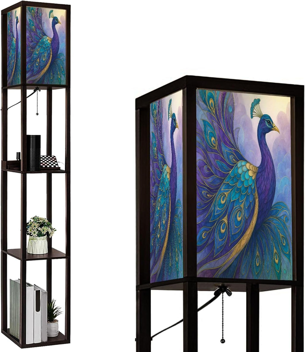 Floor Lamp with Shelves Modern Stained Glass Peacock Art Teal Gold Feathers Standing Tall Lamp USB Ports & Power Outlet Modern Corner Lamp Nightstand Light for Living Room Bedroom