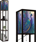 Floor Lamp with Shelves Modern Stained Glass Peacock Art Teal Gold Feathers Standing Tall Lamp USB Ports & Power Outlet Modern Corner Lamp Nightstand Light for Living Room Bedroom
