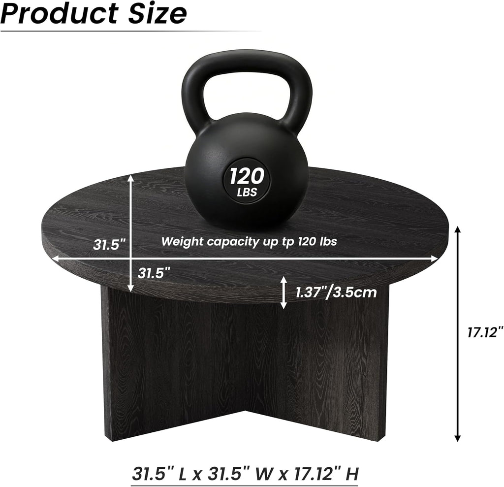 Luoxiao 31.5' Black Round Coffee Table Modern Circle Center Table for Living Room, Space-Saving Wood Accent Table for Apartments, Study, with Adjustable Feet Pads, Easy Assembly