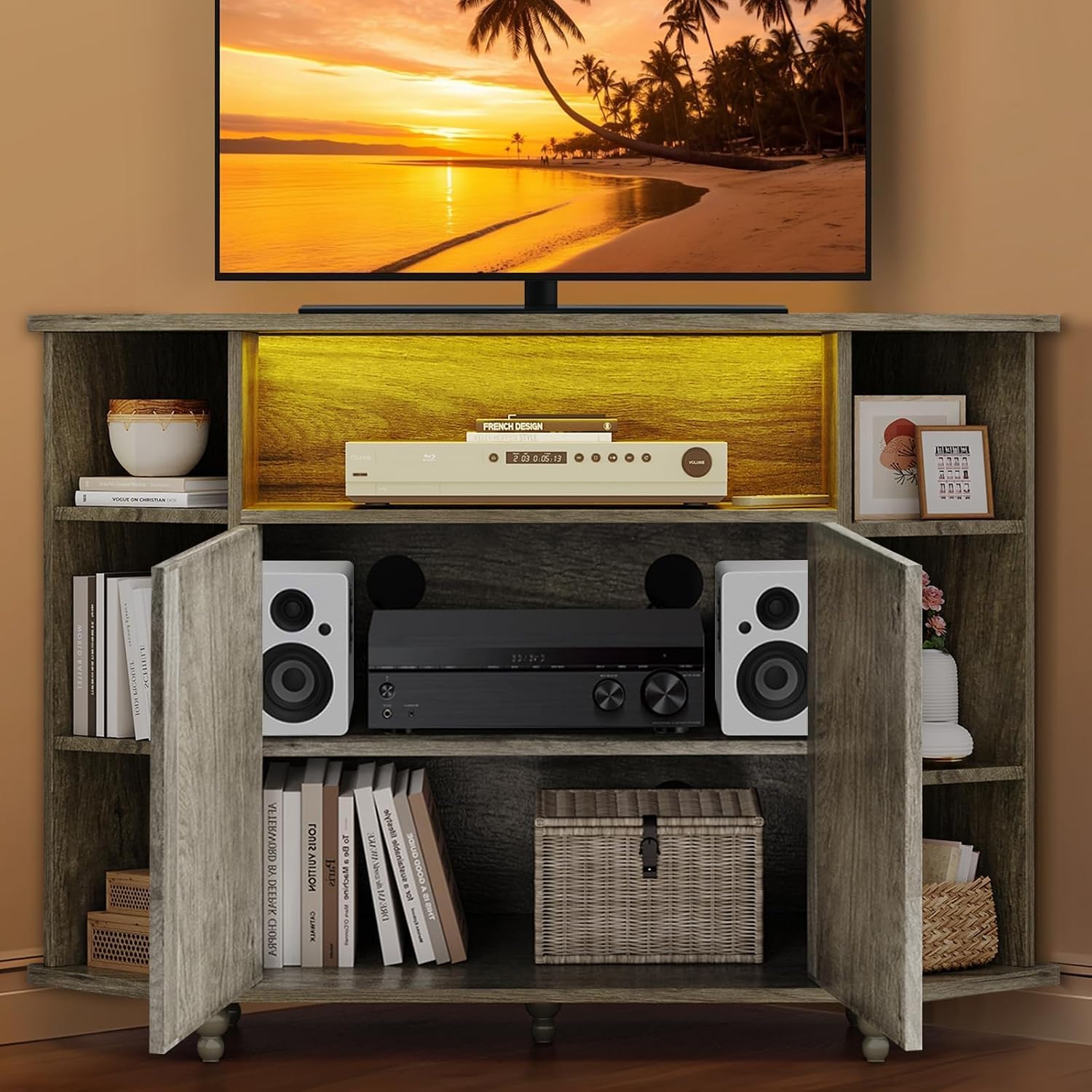 4 EVER WINNER Corner TV Stand for 50 Inch TV, 45' Farmhouse Corner Entertainment Center with Led Light, Open Storage, Adjustable Shelves, TV Cabinets for Living Room, Bedroom, Grey