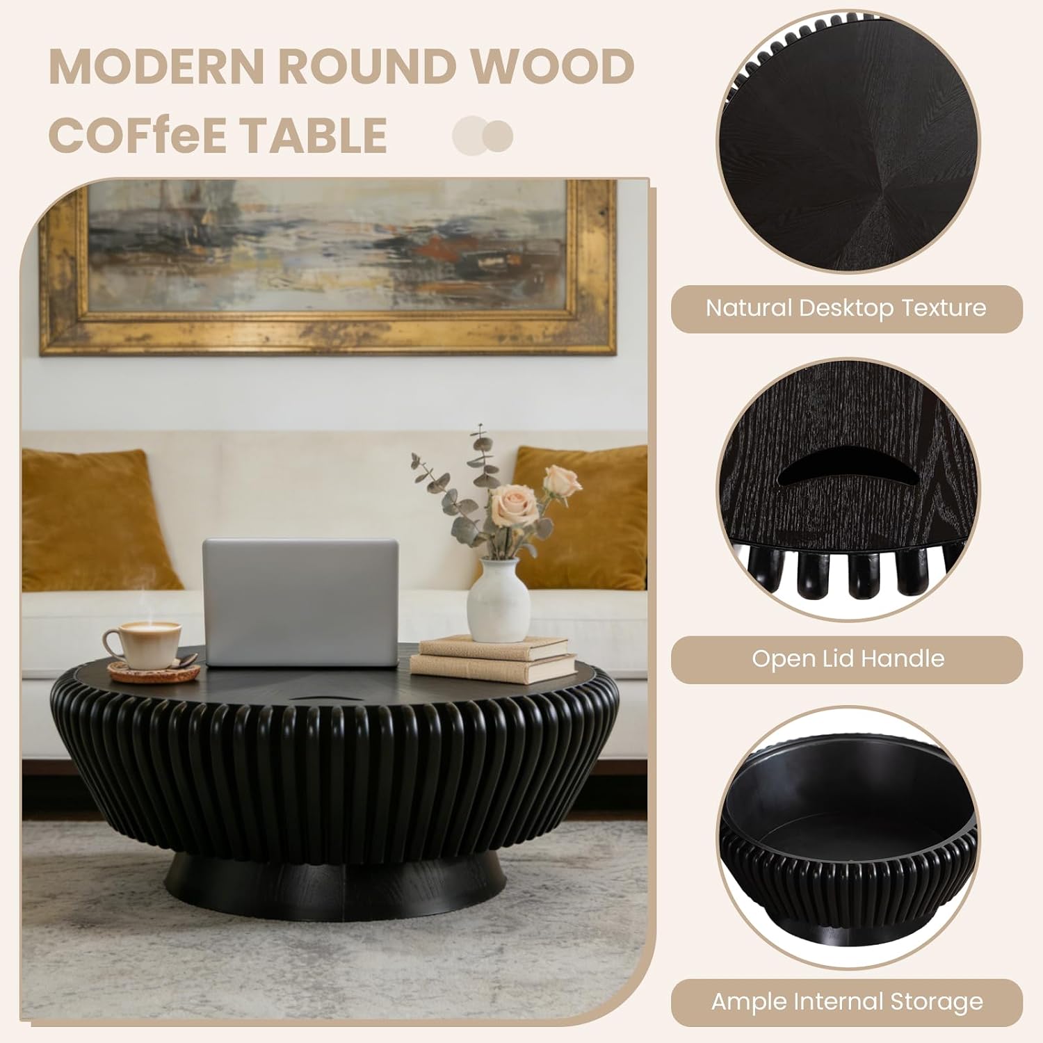 Round Coffee Table with Storage, 35.4' Modern Wooden Drum Coffee Table with Cover, Fluted Circle Center Table, Solid Wood Veneered, Accent Tea Table for Living Room Apartment Small Space (35.4' Black)