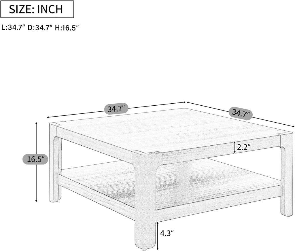 Henf 34.7' Square Coffee Table, Large 2-Tier Solid Wood Coffee Table with Open Storage Shelf and Soft Rounded Corner, Wood Cocktail Center Tea Coffee Tables for Living Meeting Room,Black