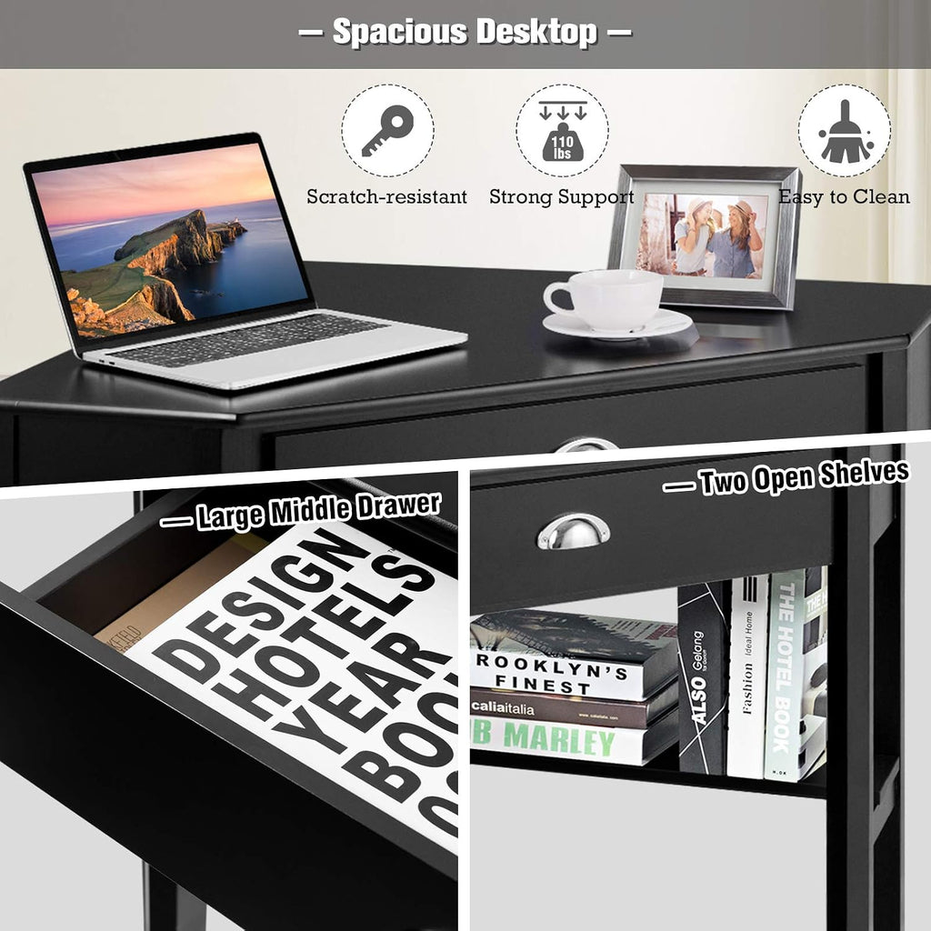 KOTEK Corner Desk with Drawer and Shelves, Wooden Home Office Desk Triangle Computer Desk, Writing Study Desk Computer Workstation, Makeup Vanity Table (Black)