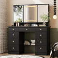 Timechee Vanity Mirror with Lights, Corner Vanity Desk with 9 Storage Drawers, 4 Large Shelves, 3 Color Lighting Options, Makeup Table Desk with Mirror for Bedroom, Restroom, Black