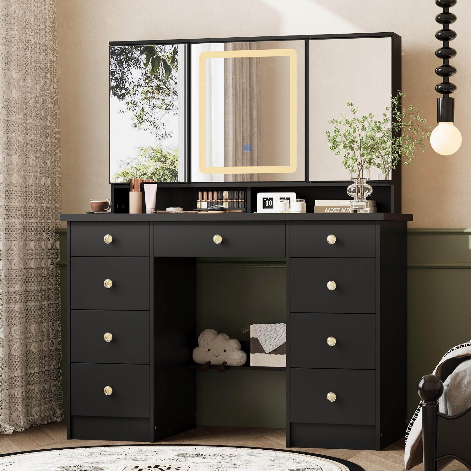 Timechee Vanity Mirror with Lights, Corner Vanity Desk with 9 Storage Drawers, 4 Large Shelves, 3 Color Lighting Options, Makeup Table Desk with Mirror for Bedroom, Restroom, Black