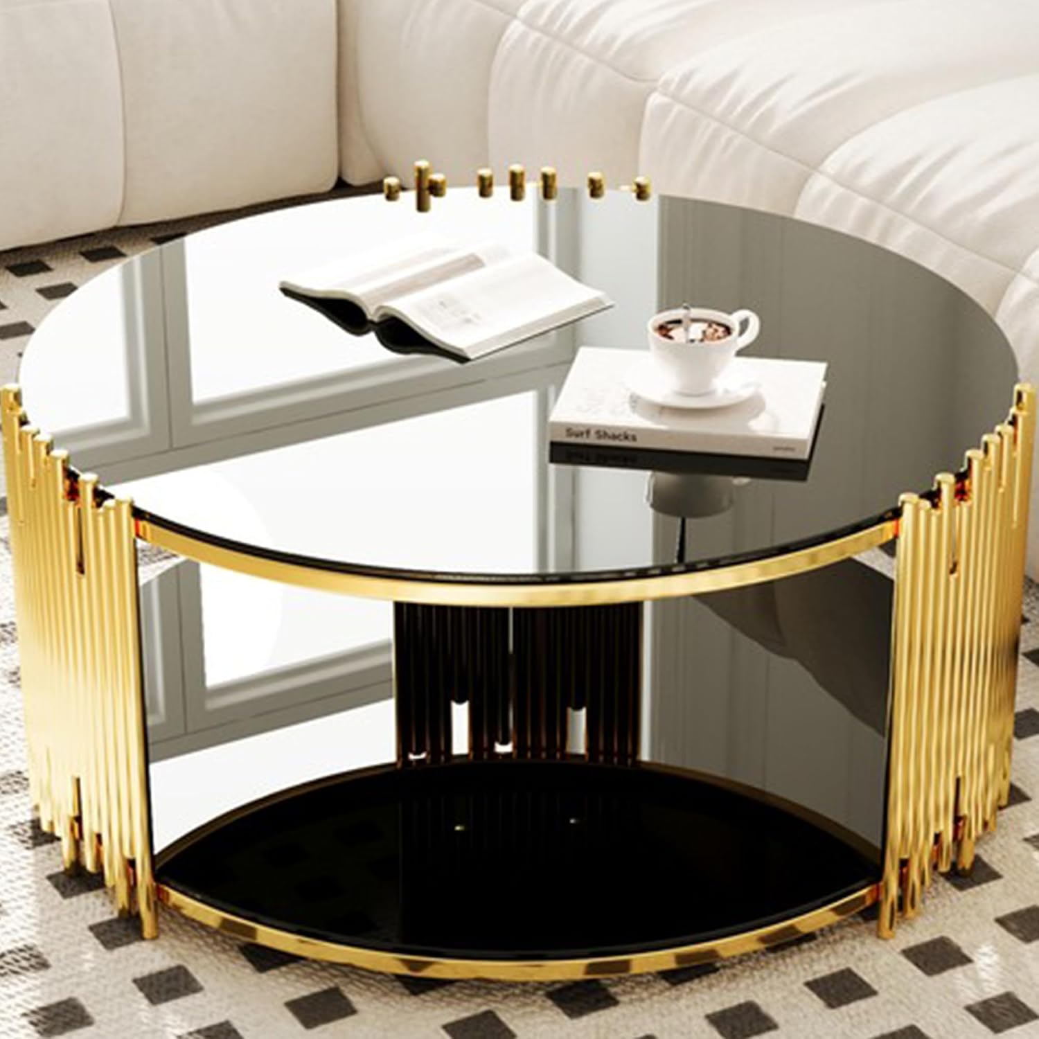 Modern Round Coffee Table, Luxury Black Gold Glass Coffee Table, 36' Center Table Living Room Table, Gold Stainless Steel Irregular Leg, Double-Layer Structure, Black Glass Desktop