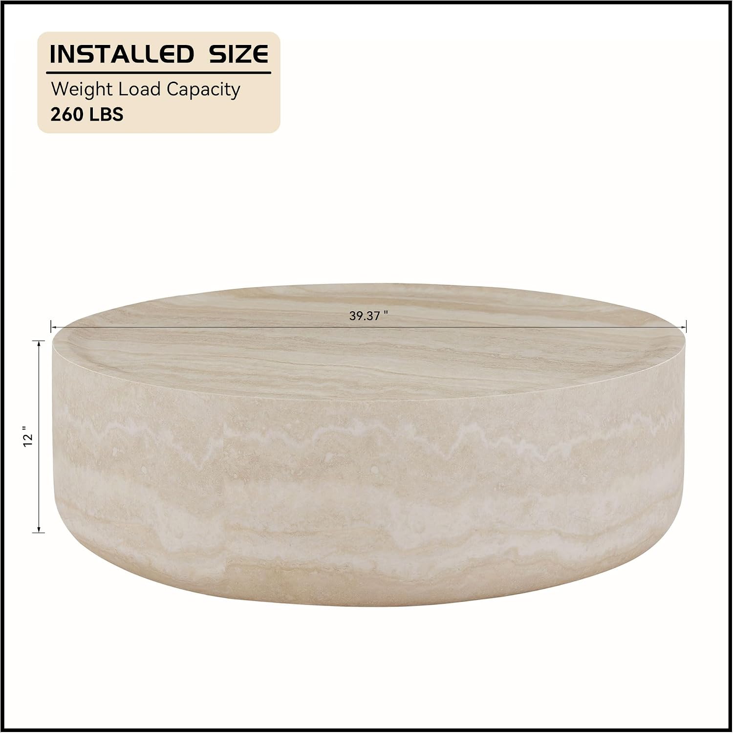 Round Coffee Table 39.37'' Marble Pattern Drum Shaped Coffee Table Fiberglass Cocktail Table Center Table for Living Room ome Office, Fully Assembled, White