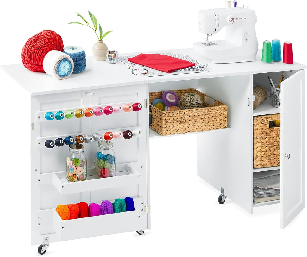 Best Choice Products Large Folding Sewing Table, Multipurpose Portable Craft Station & Side Desk w/Compact Design, Caster Wheels, Storage Shelves, 2 Storage Trays, Magnetic Doors - White
