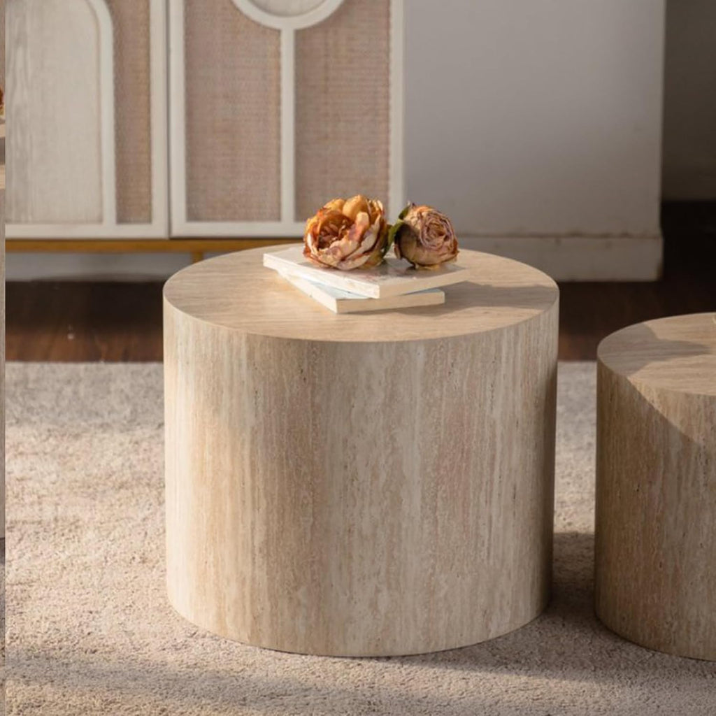 Nesting Coffee Table Set of 2, Modern Round Coffee Table with Non-Slip Feet, Oak Wooden Circle Accent Tables for Small Spaces Living Room Bedroom Balcony Office Drum Side Table (Amber)
