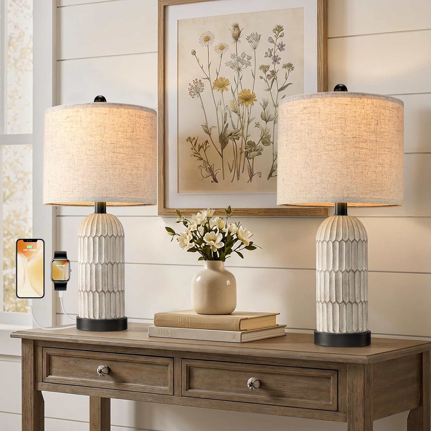 OYEARS 22.5' Bedside Table Lamps Set of 2, Farmhouse Table Lamp with USB A+C Charging Ports,Vintage Nightstand Lamp for Bedrooms and Living Rooms, Retro Resin End Table Lamp with Linen Shade, Black