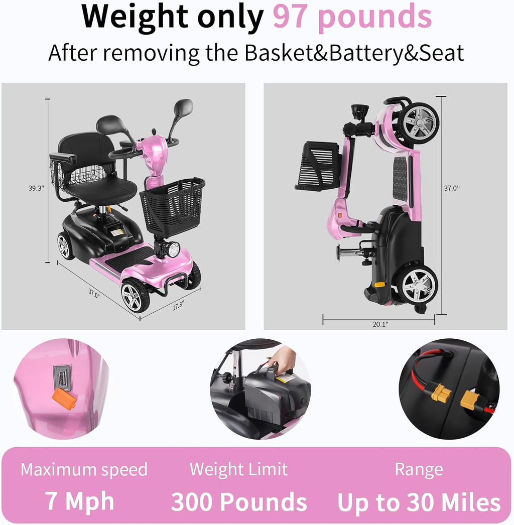 Mobility Scooter for Seniors/Adults,20/35 Miles up to 300lbs Capacity, 4 Wheels Mobility Scooters 350W 7MPH,USB Charging Detachable Lithium Battery with Rear Mirror