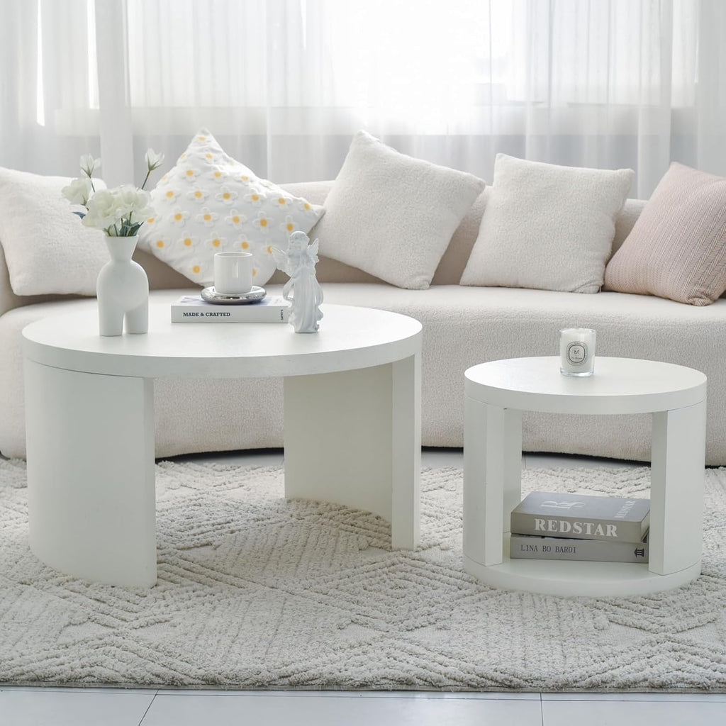 Round Coffee Table Set of 2, Nesting Coffee Tables with Storage, Living Room Table Set, Modern Wood Center Table for Living Room, Apartment, 31.5' & 18' Accent Table Set, Textured White
