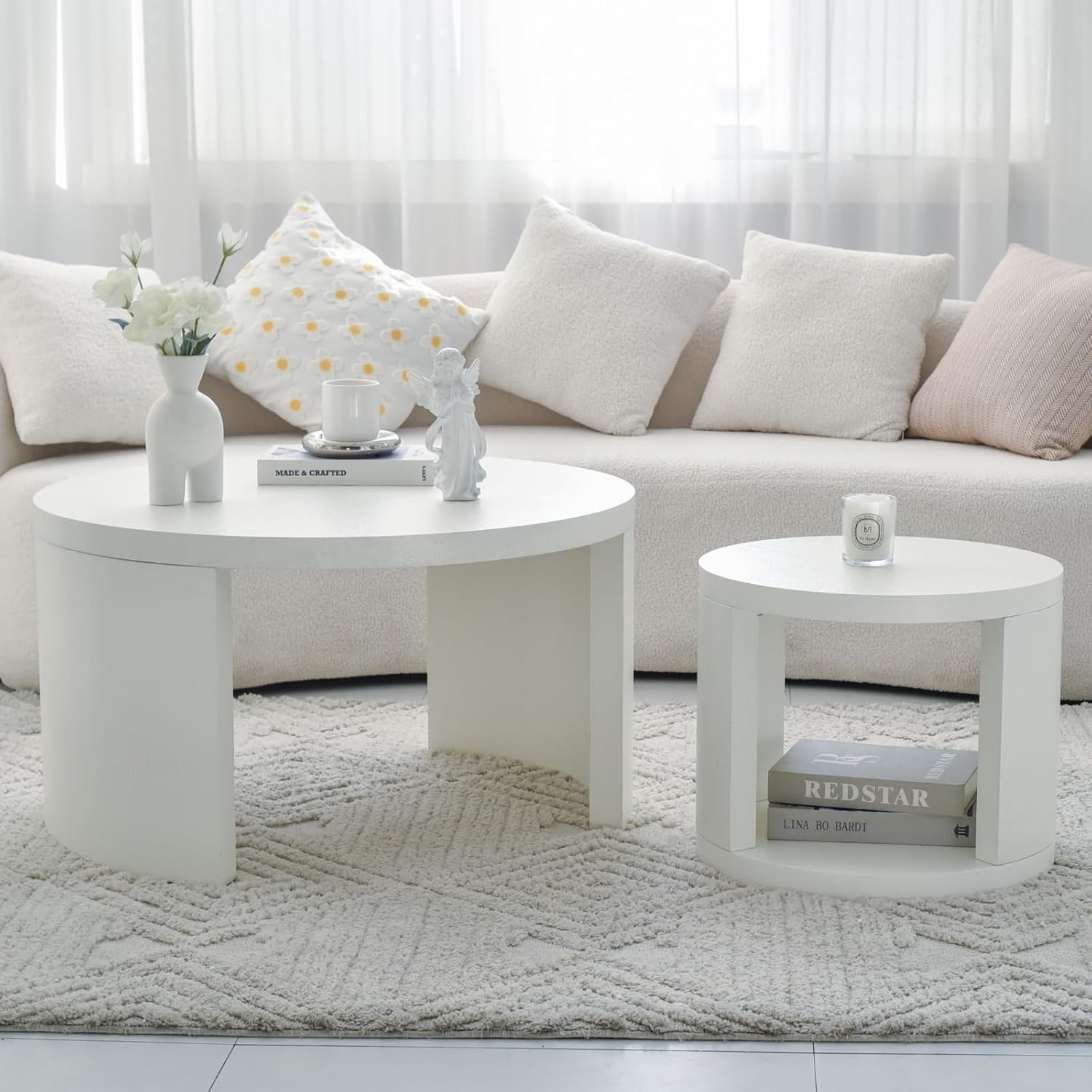 Round Coffee Table Set of 2, Nesting Coffee Tables with Storage, Living Room Table Set, Modern Wood Center Table for Living Room, Apartment, 31.5' & 18' Accent Table Set, Textured White