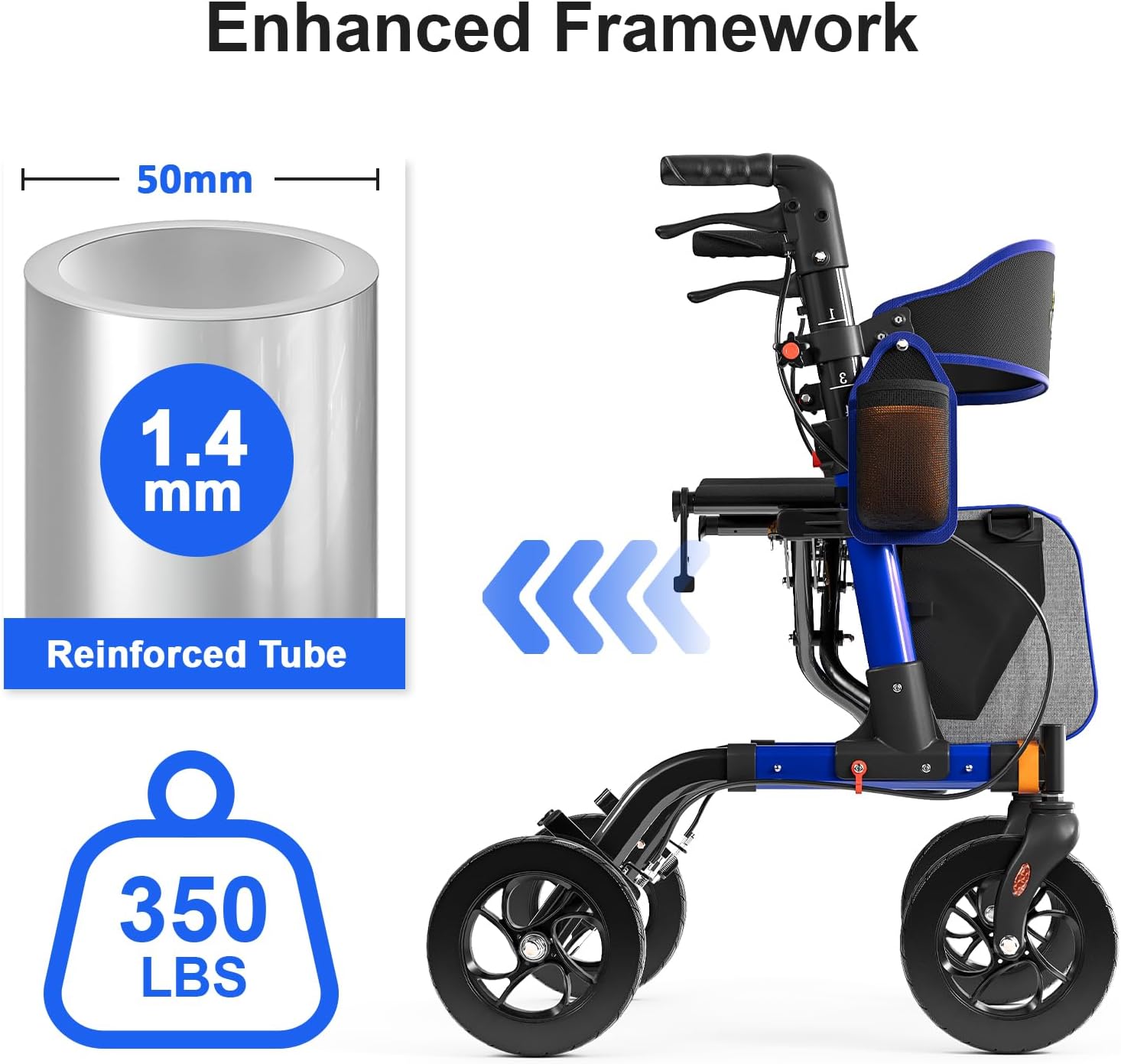 Walkers for Seniors, Rollator Walker with Seat, 350 lb Weight Capacity, 18' Big Seat, 8' All-Terrain Wheels, 6-Level Adjustable Height, Lightweight Aluminum Frame Rollator Walkers for Seniors (Blue)