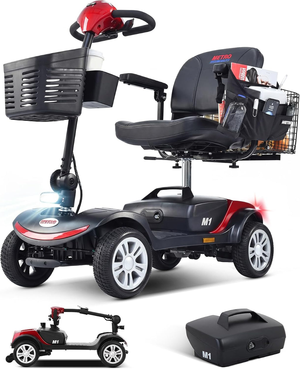 Metro Mobility 4 Wheel Foldable Mobility Scooter for Adults - 300 lbs Capacity Electric Mobility Scooters for Seniors, Travel - Long Range Power Extended Battery with Charger and Basket - Red