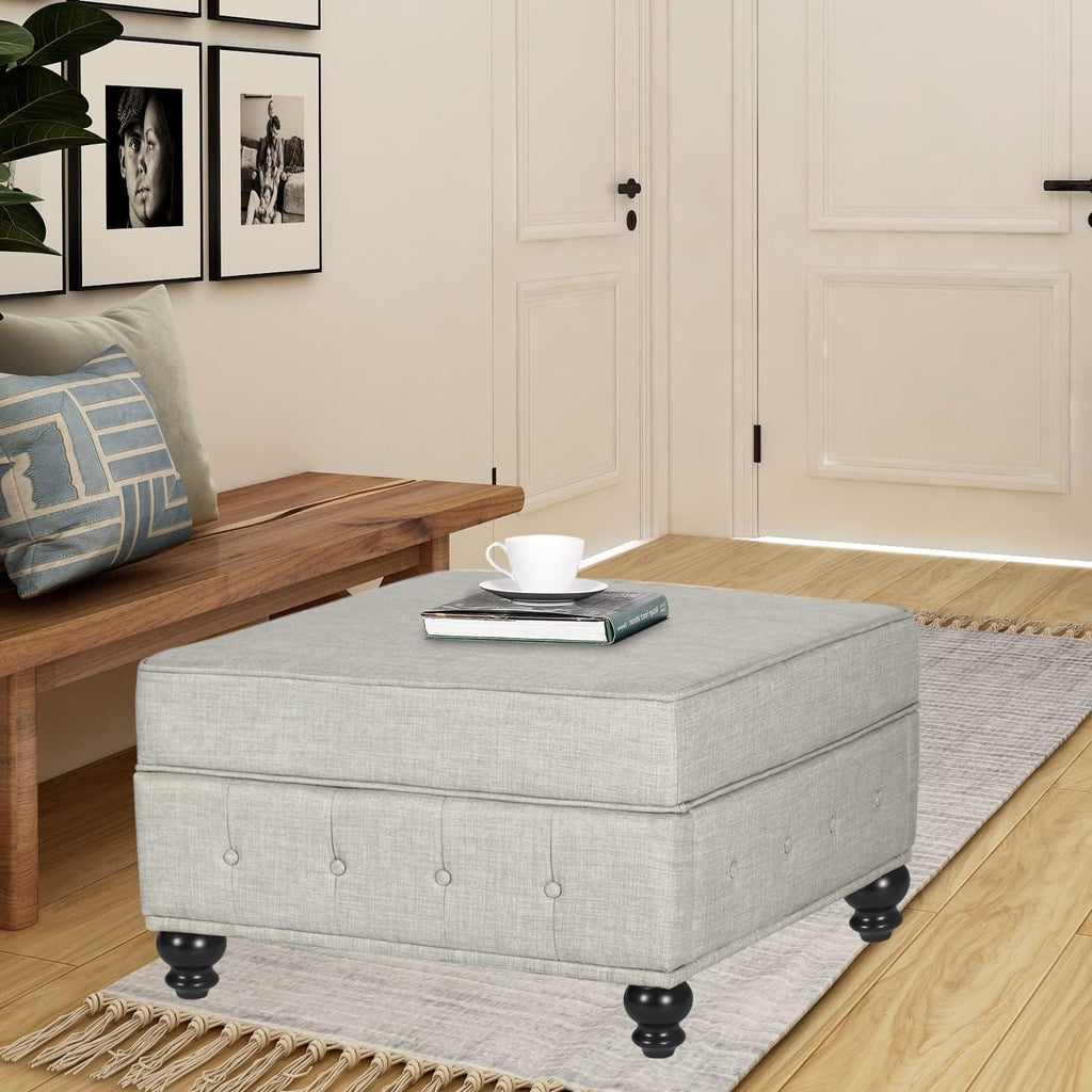 Joveco Storage Ottoman Bench Linen Button Tufted Entryway Bench with Wood Legs, Coffee Tables Footstool for Living Room Bedroom, Need to DIY Assemble/Put it Together,(Beige)