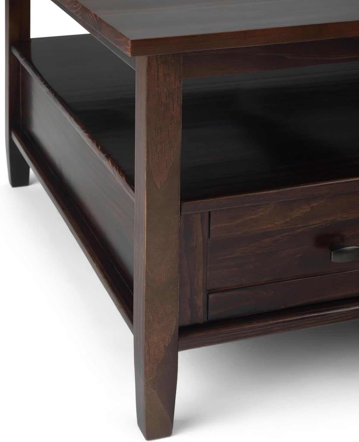 SIMPLIHOME Warm Shaker Square Coffee Table - 36 inch Wide Solid Wood Cocktail Table in Tobacco Brown, Transitional Living Room Table with Large Storage Drawer and Open Shelf for Sitting Area
