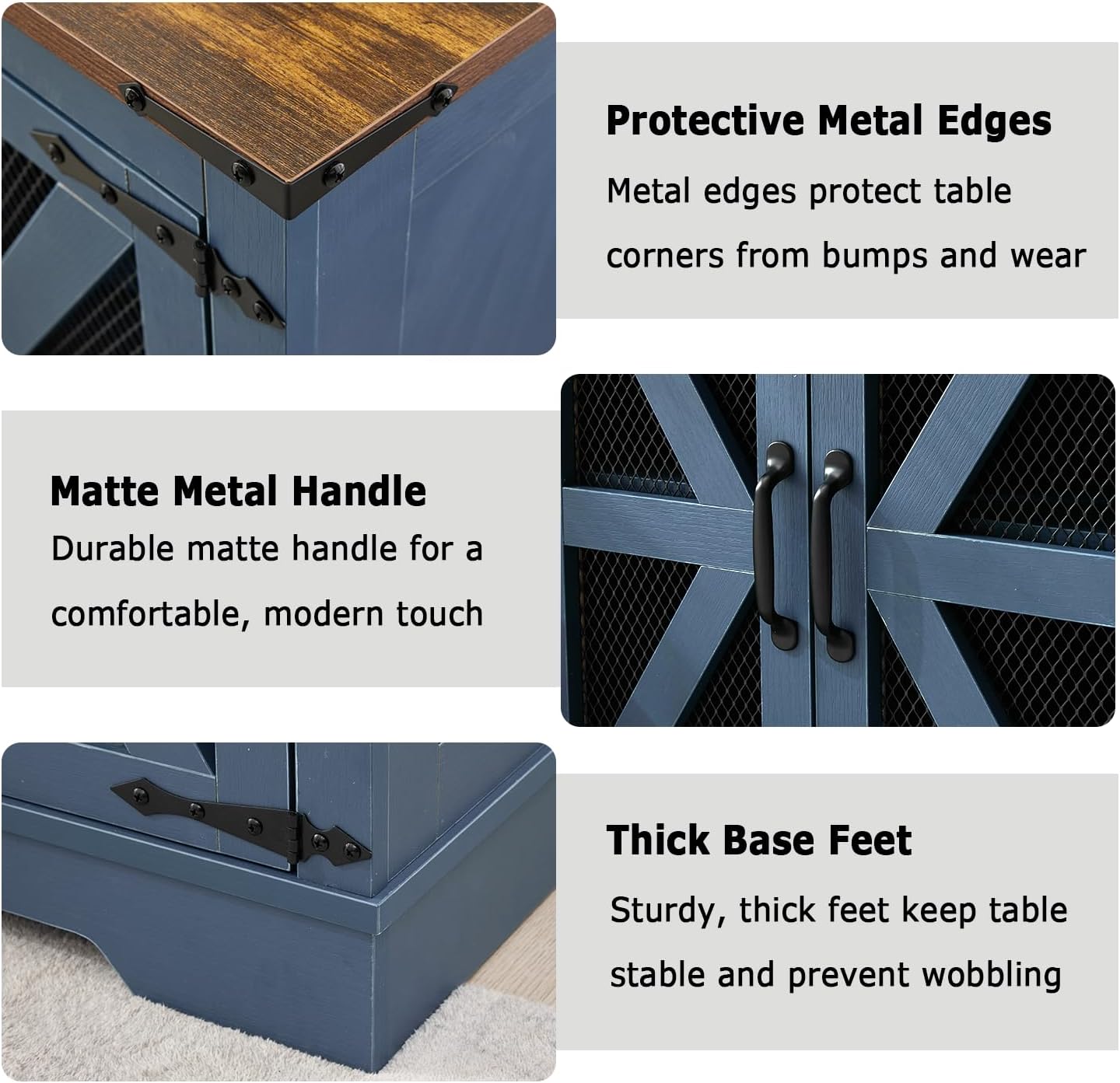 Blue Farmhouse End Table with Charging Station, 21' Wood Sofa Side Table with Mesh Barn Door, Rustic Nightstand with Hidden Storage for Living Room, Square