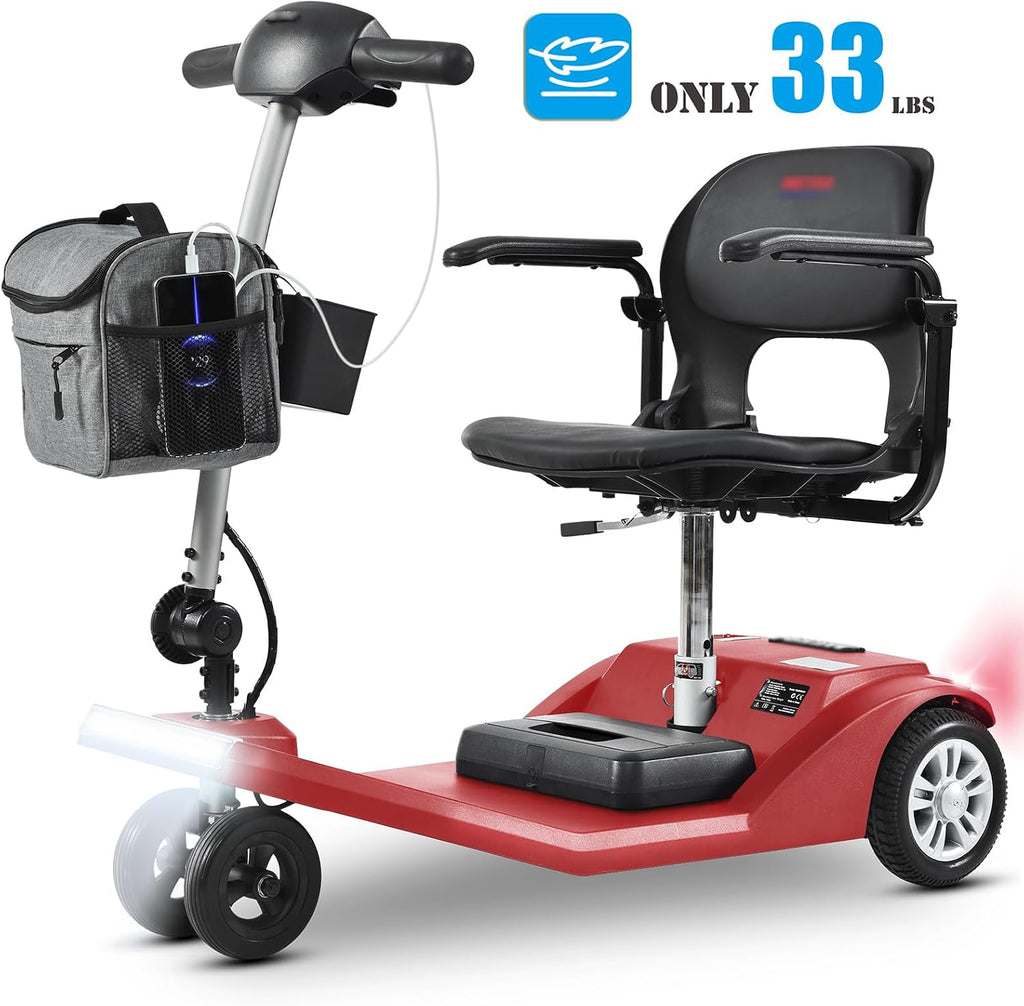 Mobility Scooters for Seniors & Adults 350 Lb Weight All Terrain,Lightweight 4-Wheel Powered Mobile Scooter,Foldable Disability Electric Wheelchair,Luxury Seat,w/Led Lights,15Miles,5MPH,red