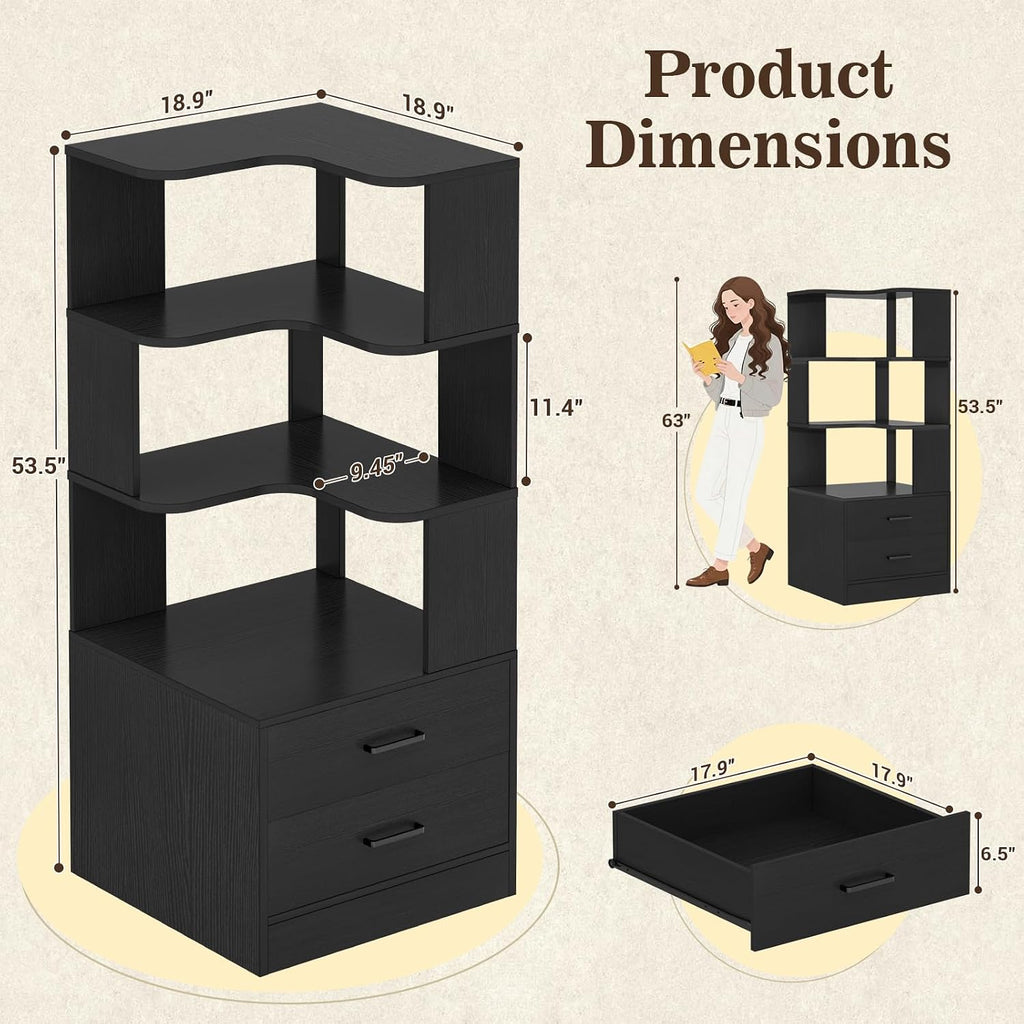 Armocity Corner Bookshelf with Drawers, 6 Tier Corner Book Shelf Display Bookcase, Freestanding L Shaped Bookshelf for Bedroom, Living Room, Home Office, Black