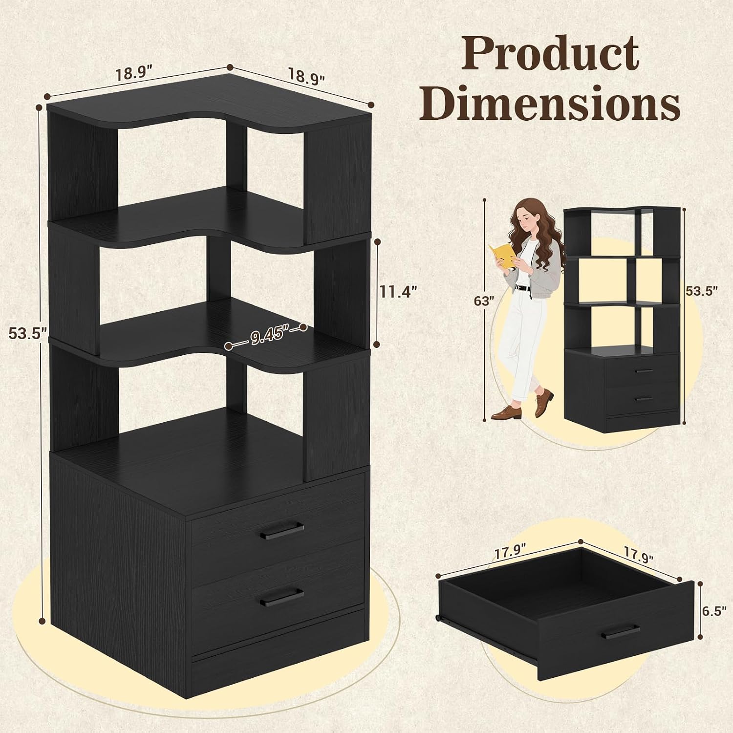 Armocity Corner Bookshelf with Drawers, 6 Tier Corner Book Shelf Display Bookcase, Freestanding L Shaped Bookshelf for Bedroom, Living Room, Home Office, Black