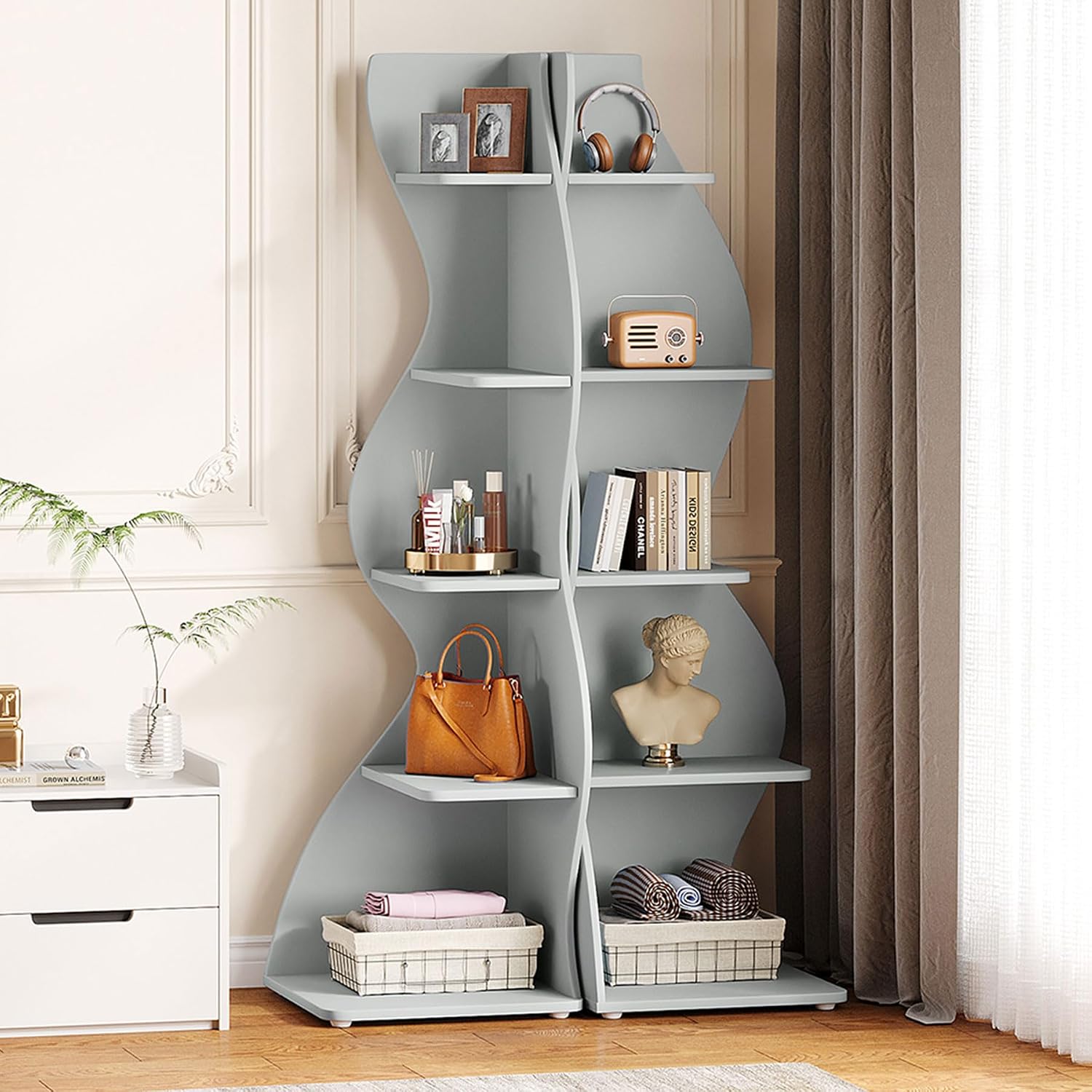 Tribesigns Wavy Corner Shelf Set of 2, Modern 5-Tier Bookshelf Etagere Bookcase with Curvy Shape, Unique Plant Stand Display Shelf for Living Room Small Space (Blue)