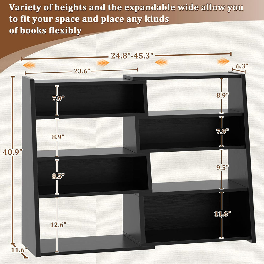 Armocity Expandable Bookshelf, Short Corner Bookshelf for Small Spaces, Small Ladder Book Shelf, Extendable Wood Narrow Bookcase for Living Room, Bedroom, 5 Tier, Black