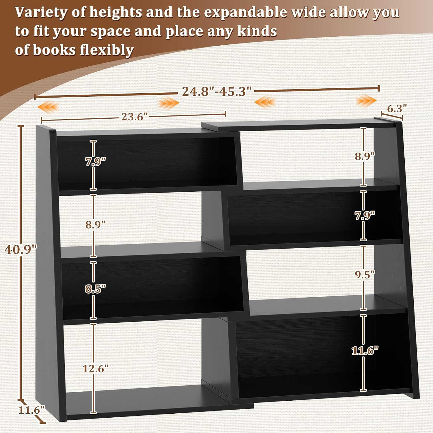 Armocity Expandable Bookshelf, Short Corner Bookshelf for Small Spaces, Small Ladder Book Shelf, Extendable Wood Narrow Bookcase for Living Room, Bedroom, 5 Tier, Black