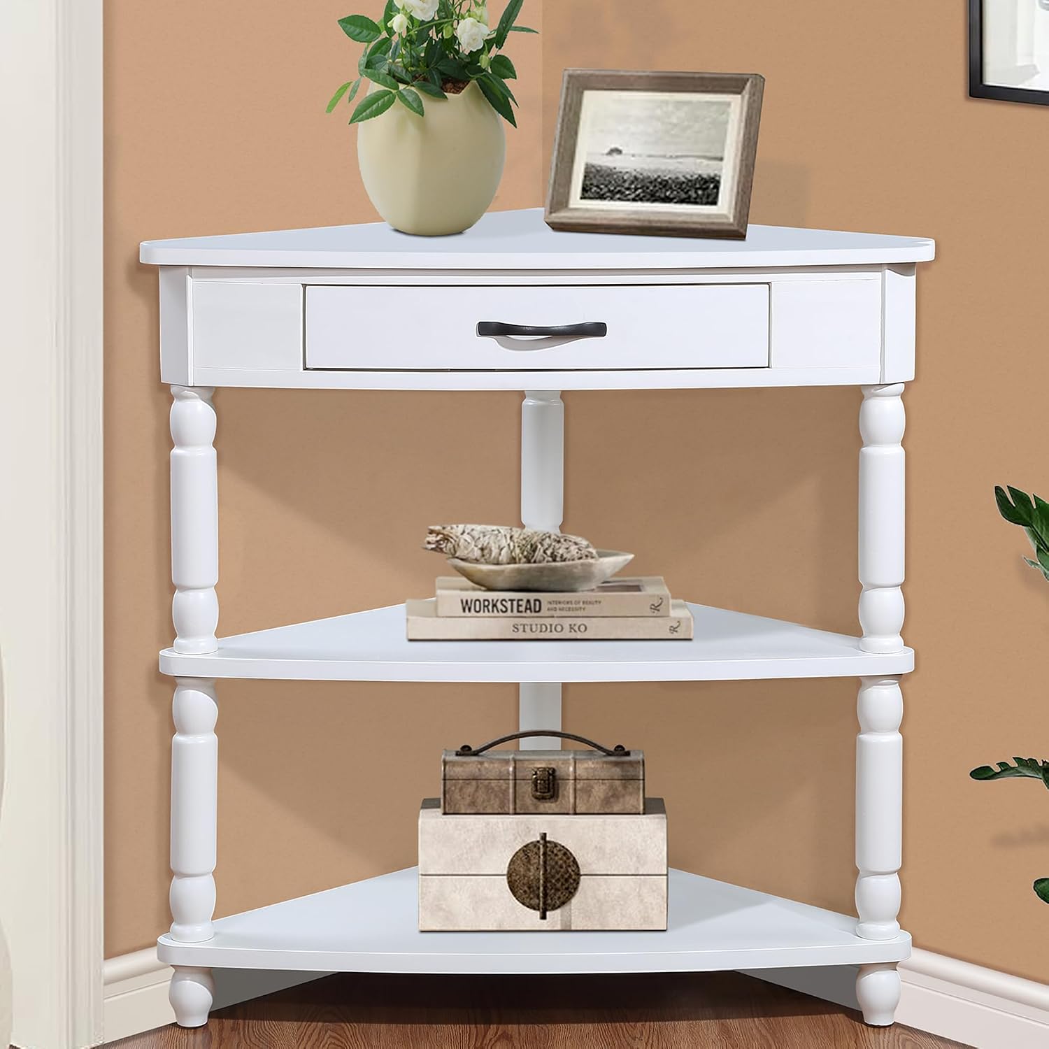 Corner Table for Small Spaces, 3-Tier Triangle End Side Table with Drawer, Space-Saving with Wood Legs for Living Room, Bedroom, Apartment, 34 Inch, Easy Assembly, Milk White