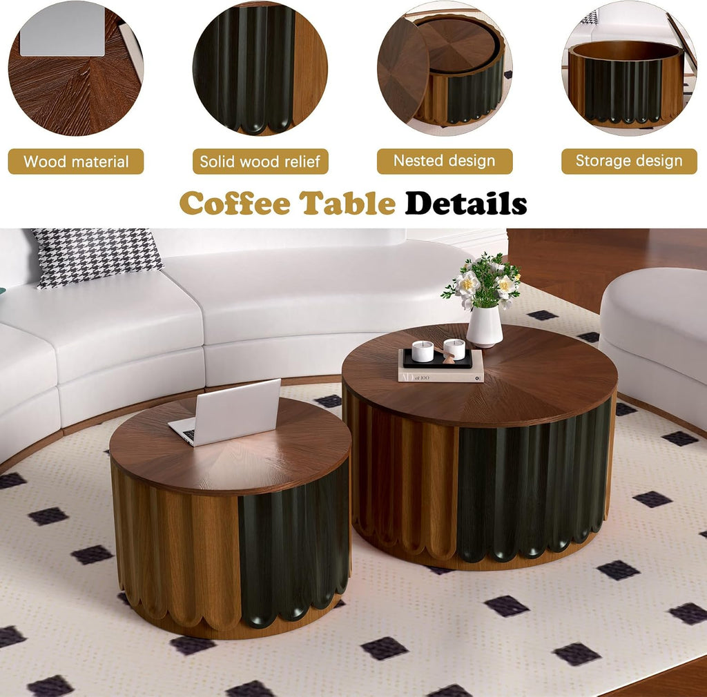 Round Nesting Coffee Table Set of 2 Wooden Round Fluted Coffee Tables with Storage, Modern Drum Side End Table Wooden Circle Accent Side Table for Living Room Bedroom, No Assembly (Brown 26.8'+19.7')
