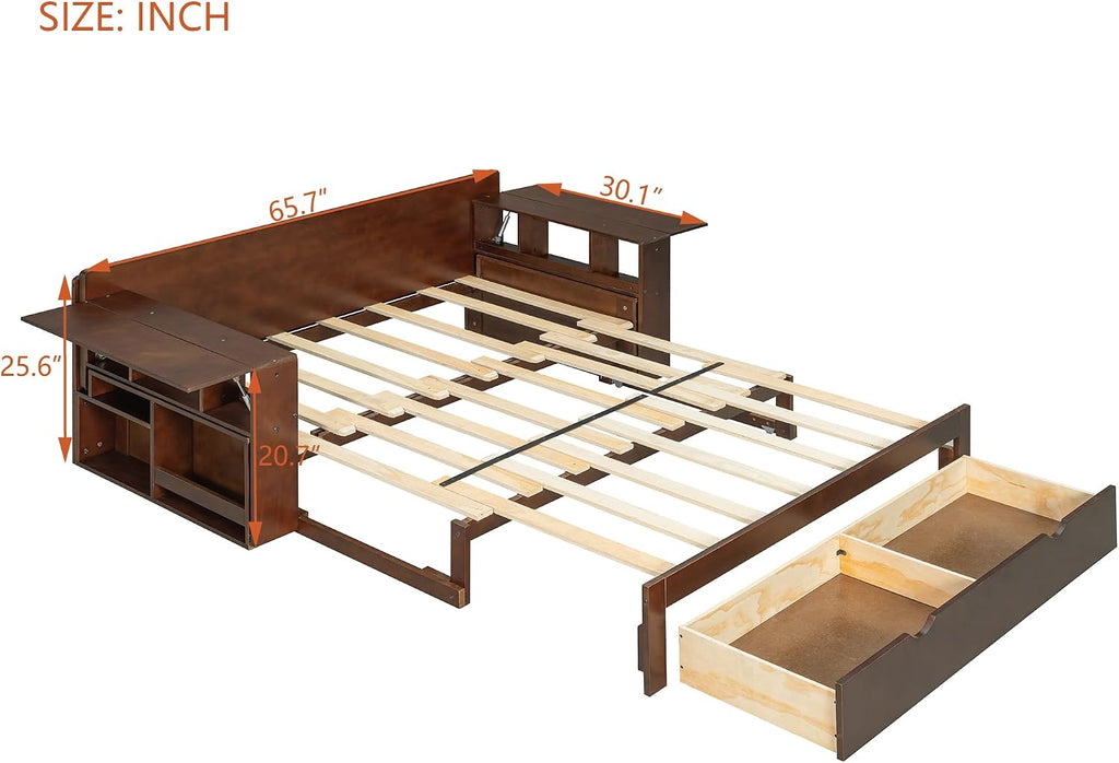 Wood Daybed Full Size with Removable Desk and Extendable Armrests, 4-in-1 Multifunctional Design Daybed Sofa Bed with Storage Drawers & Hydraulic Side Table (Espresso-11.27, Full)