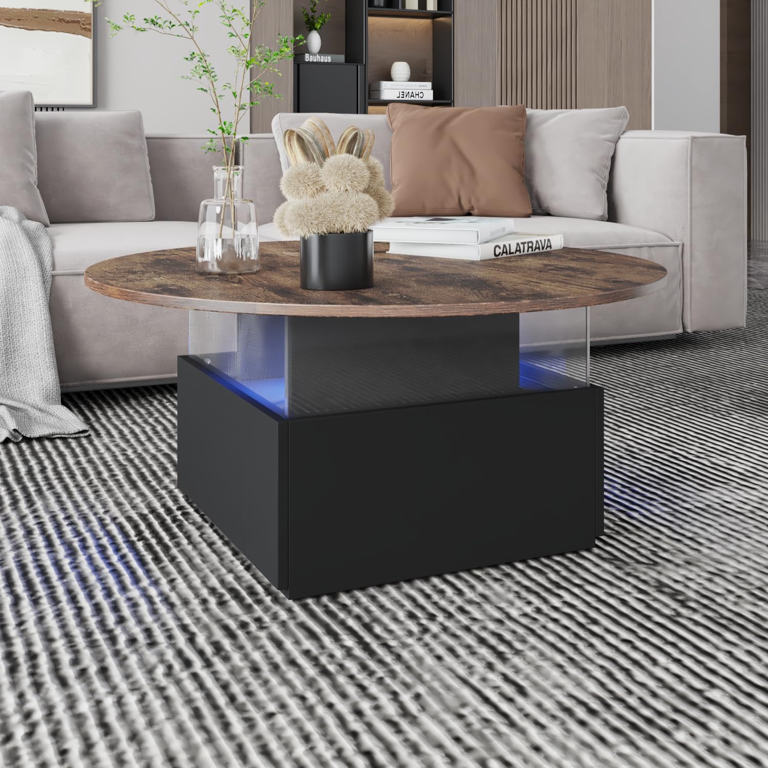 HedoAjim 31.5' Round Coffee Table for Living Room, LED Modern Living Room Table with Storage, Square Acrylic Coffee Tables with 2 Sliding Drawers, Wood Center Table for Reception Dinning Room, Rustic